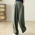 Buddha Stones Commute Button Design Women's Cotton Linen Elastic Waistband Pants With Pockets - SlateGray - US12，UK/AU16，EU44 (3XL) - image 18