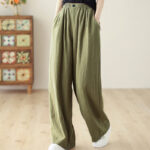 Buddha Stones Commute Button Design Women's Cotton Linen Elastic Waistband Pants With Pockets - OliveDrab - US12，UK/AU16，EU44 (3XL) - image 3