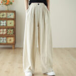 Buddha Stones Commute Button Design Women's Cotton Linen Elastic Waistband Pants With Pockets - Beige - US12，UK/AU16，EU44 (3XL) - image 12