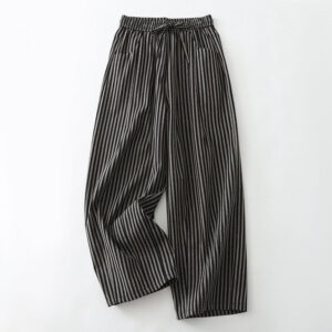 Buddha Stones Commute Striped Drawstring Design Women's Wide Leg Cotton Pants With Pockets - Black - US8-10，UK/AU12-14，EU40-42 (2XL) - image 1