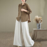 Buddha Stones Summer Plain Drawstring Zipper Design Women's Wide Leg Cotton Pants With Pockets - image 22