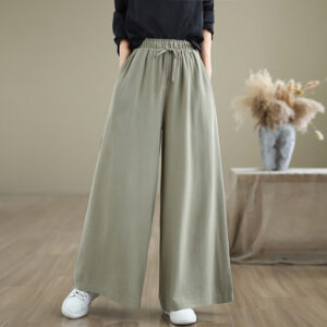 Buddha Stones Summer Plain Drawstring Zipper Design Women's Wide Leg Cotton Pants With Pockets - DarkSeaGreen - US6，UK/AU10，EU38 (XL) - image 1