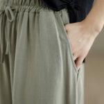 Buddha Stones Summer Plain Drawstring Zipper Design Women's Wide Leg Cotton Pants With Pockets - image 7