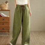 Buddha Stones Commute Retro Solid Color Women's Harem Drawstring Cotton Pants With Pockets - YellowGreen - US8-10，UK/AU12-14，EU40-42 (2XL) - image 1