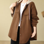 Buddha Stones Casual Commute Drawstring Hoodie Women's Cotton Linen Jacket With Pockets - SaddleBrown - US14，UK/AU18，EU46 (2XL) - image 1