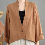 Buddha Stones Casual Vintage Plain Long Sleeve Open Front Cardigan Cotton Linen Jacket With Pockets - image 5