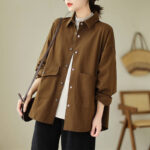 Buddha Stones Vintage Casual Pure Colir Lapel Women's Cotton Jacket With Pockets - SaddleBrown - US14，UK/AU18，EU46 (2XL) - image 14