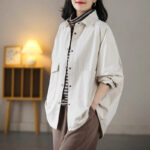 Buddha Stones Vintage Casual Pure Colir Lapel Women's Cotton Jacket With Pockets - FloralWhite - US14，UK/AU18，EU46 (2XL) - image 11