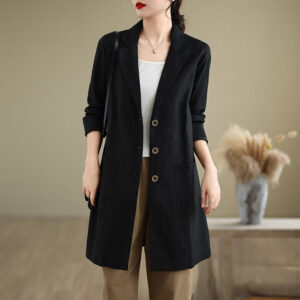 Buddha Stones Casual Fall Buttons Design Lapel Women's Cotton Linen Coat With Pockets - Black - US8-10，UK/AU12-14，EU40-42 (2XL) - image 1