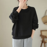 Buddha Stones Fall Plain Crew Neck Cotton Pullover Women's Sweatshirt  - Black - US14，UK/AU18，EU46 (2XL) - image 8