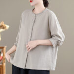 Buddha Stones Spring Solid Color Buttons Design Ruffled Crew Neck Women's Cotton Linen Shirt - image 10