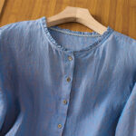 Buddha Stones Spring Solid Color Buttons Design Ruffled Crew Neck Women's Cotton Linen Shirt - image 18