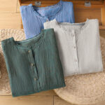 Buddha Stones Spring Solid Color Buttons Design Ruffled Crew Neck Women's Cotton Linen Shirt - image 21