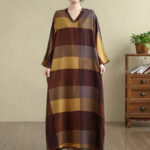 Buddha Stones Spliced Plaid Pattern Cotton Linen Women's Maxi Dress With Pockets - image 3