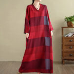 Buddha Stones Spliced Plaid Pattern Cotton Linen Women's Maxi Dress With Pockets - image 12