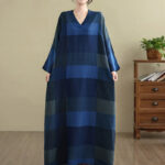 Buddha Stones Spliced Plaid Pattern Cotton Linen Women's Maxi Dress With Pockets - image 19