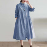 Buddha Stones Small Grid Pattern Cotton Linen Women's Maxi Dress With Pockets - image 3