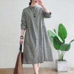 Buddha Stones Small Grid Pattern Cotton Linen Women's Maxi Dress With Pockets - image 11