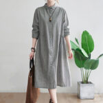 Buddha Stones Small Grid Pattern Cotton Linen Women's Maxi Dress With Pockets - image 8