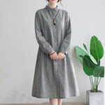 Buddha Stones Small Grid Pattern Cotton Linen Women's Maxi Dress With Pockets - image 12