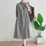 Buddha Stones Small Grid Pattern Cotton Linen Women's Maxi Dress With Pockets - image 9