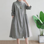 Buddha Stones Small Grid Pattern Cotton Linen Women's Maxi Dress With Pockets - image 7