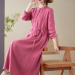 Buddha Stones Casual Plain Crew Neck Lace-up Cotton Linen Midi Dress With Pockets - image 5