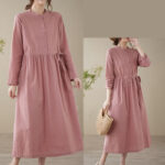 Buddha Stones Casual Plain Crew Neck Lace-up Cotton Linen Midi Dress With Pockets - image 17