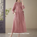 Buddha Stones Casual Plain Crew Neck Lace-up Cotton Linen Midi Dress With Pockets - image 13