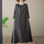 Buddha Stones Casual Plain Crew Neck Cotton Linen Midi Dress With Pockets - DimGray - US14，UK/AU18，EU46 (3XL) - image 1