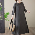Buddha Stones Casual Plain Crew Neck Cotton Linen Midi Dress With Pockets - image 6