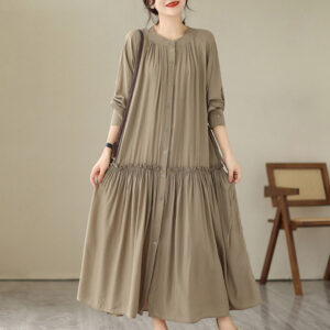Buddha Stones Casual Plain Crew Neck Pleated Polyester Midi Dress With Pockets - Tan - US4-6，UK/AU8-10，EU36-38 (F) - image 1