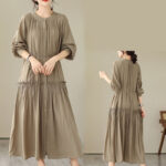 Buddha Stones Casual Plain Crew Neck Pleated Polyester Midi Dress With Pockets - image 6