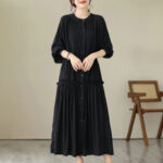 Buddha Stones Casual Plain Crew Neck Pleated Polyester Midi Dress With Pockets - Black - US4-6，UK/AU8-10，EU36-38 (F) - image 7