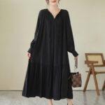 Buddha Stones Casual Plain Two-sided Style Dress Chiffon Midi Dress With Pockets - Black - US4-6，UK/AU8-10，EU36-38 (F) - image 1