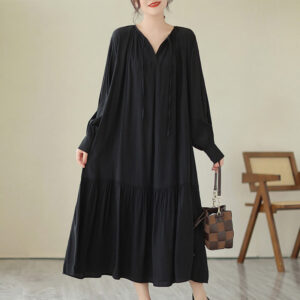 Buddha Stones Casual Plain Two-sided Style Dress Chiffon Midi Dress With Pockets - Black - US4-6，UK/AU8-10，EU36-38 (F) - image 1