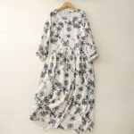 Buddha Stones Casual Small Floral Pattern Crew Neck Cotton Linen Midi Dress With Pockets - FloralWhite - US8-10，UK/AU12-14，EU40-42 (2XL) - image 1