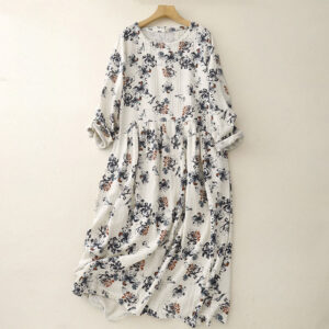 Buddha Stones Casual Small Floral Pattern Crew Neck Cotton Linen Midi Dress With Pockets - FloralWhite - US8-10，UK/AU12-14，EU40-42 (2XL) - image 1
