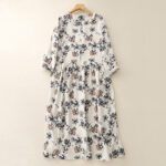Buddha Stones Casual Small Floral Pattern Crew Neck Cotton Linen Midi Dress With Pockets - image 3