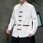 Buddha Stones Men's Stand Collar Frog-button Cotton Linen Long Sleeve Shirt With Pockets - image 3