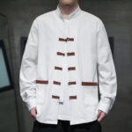 Buddha Stones Men's Stand Collar Frog-button Cotton Linen Long Sleeve Shirt With Pockets - White - US/UK/AU46，EU56 (5XL) - image 1