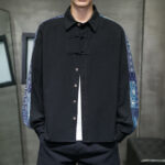 Buddha Stones Men's Flower Pattern Stitching Cotton Blend Long Sleeve Shirt - Black - US/UK/AU50，EU60 (5XL) - image 1