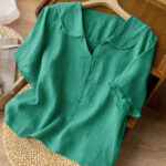 Buddha Stones Casual Plain Button Half Sleeve Middy Collar Cotton Women's Shirt - image 2