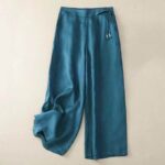 Buddha Stones Casual Solid Color One Button Cotton Linen Women's Wide Leg Pants With Pockets - Teal - US12，UK/AU16，EU44 (3XL) - image 23