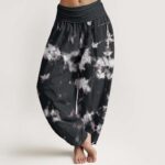 Buddha Stones Pure Cotton White Lines Spots Tie-Dye Pattern Women's Elastic Waist Harem Pants - Black - US22，UK/AU26，EU54 (6XL) - image 1