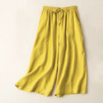 Buddha Stones Plain Color 7-8 Length Capri Cropped Pants Cotton Linen Women's Wide Leg Pants With Pockets - Gold - US12，UK/AU16，EU44 (3XL) - image 1
