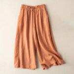 Buddha Stones Plain Color 7-8 Length Capri Cropped Pants Cotton Linen Women's Wide Leg Pants With Pockets - DarkOrange - US12，UK/AU16，EU44 (3XL) - image 16