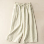 Buddha Stones Plain Color 7-8 Length Capri Cropped Pants Cotton Linen Women's Wide Leg Pants With Pockets - image 24
