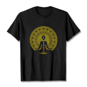 Buddha Stones Casual Colorful Chakra Symbols Golden Meditative Figure Pattern Cotton Tee T-shirt - Black - 2XL - image 1