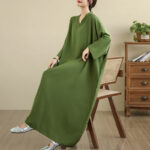 Buddha Stones Retro Casual Solid Color Long Sleeve Cotton Linen Maxi Dress With Pockets - image 8